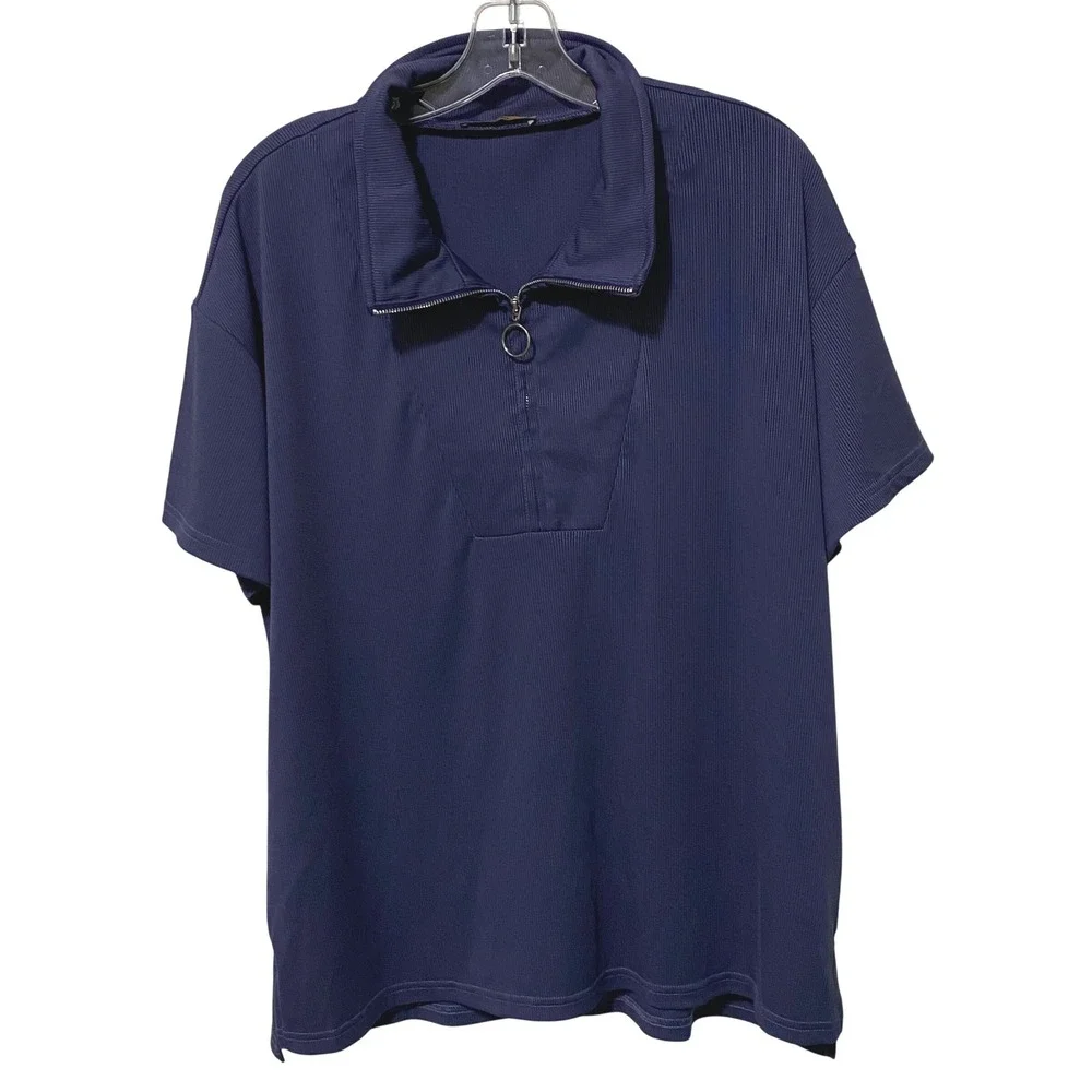 McKol Womens Zip Neck‎ Ribbed Polo Shirt XXL Purple Tenniscore Preppy Athleisure